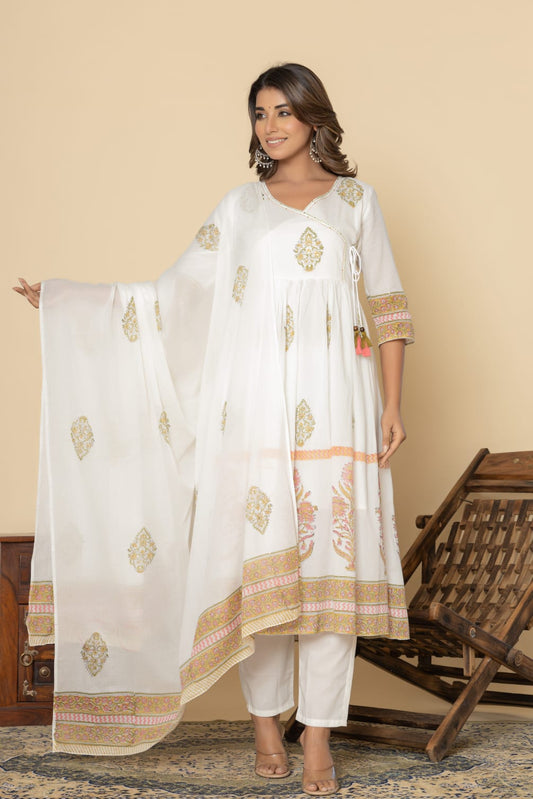 White Malmal Anarkali Printed Kurta Pant Dupatta