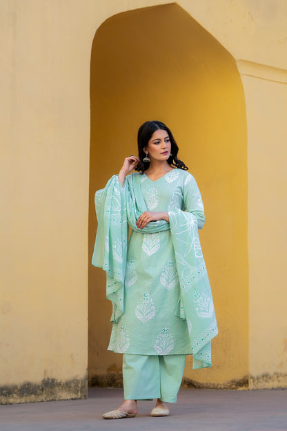 Sea Green Cotton Printed A Line Kurta Plazzo Dupatta Set