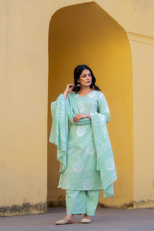 Sea Green Cotton Printed A Line Kurta Plazzo Dupatta Set