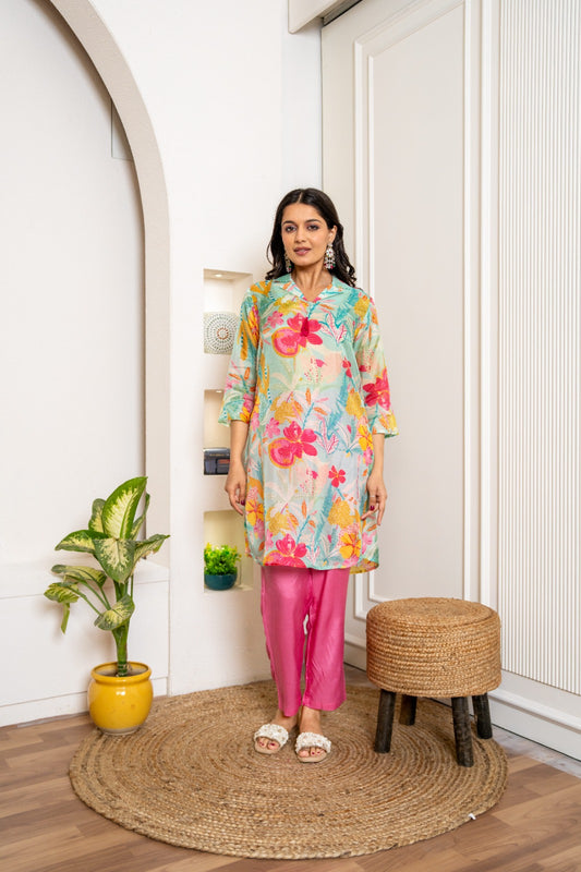Sea Green Paper Silk Digital Printed Co-Ord Set