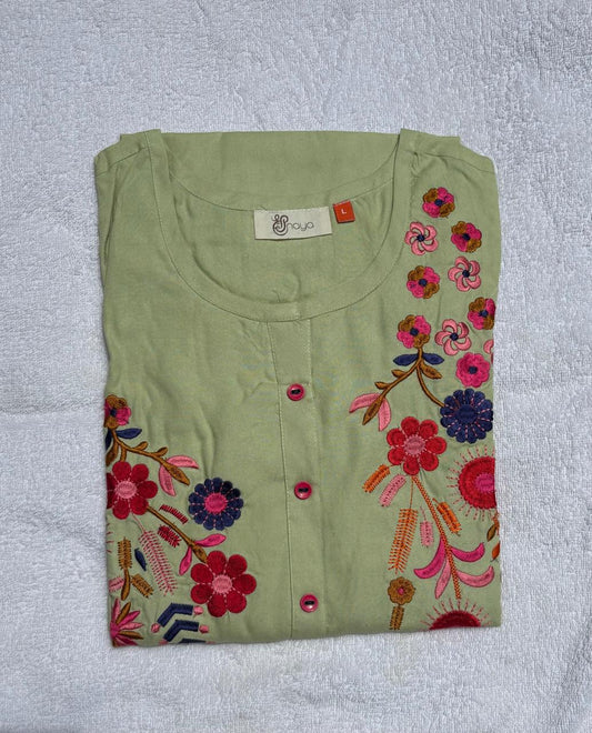 Green Cotton Kurti With Multicoloured Embroidery