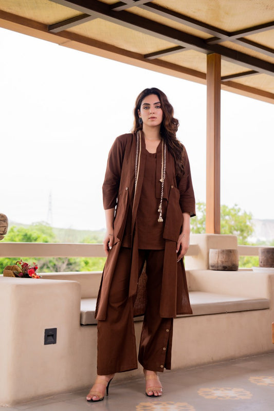 Brown Cotton Co-Ord set with Jacket
