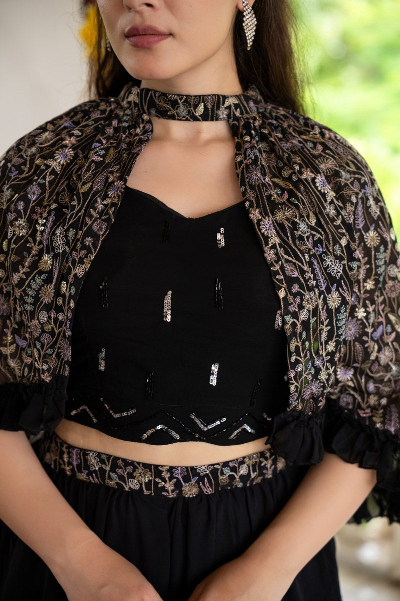 Black Kaftan Style Embellished Muslin Co-Ord set
