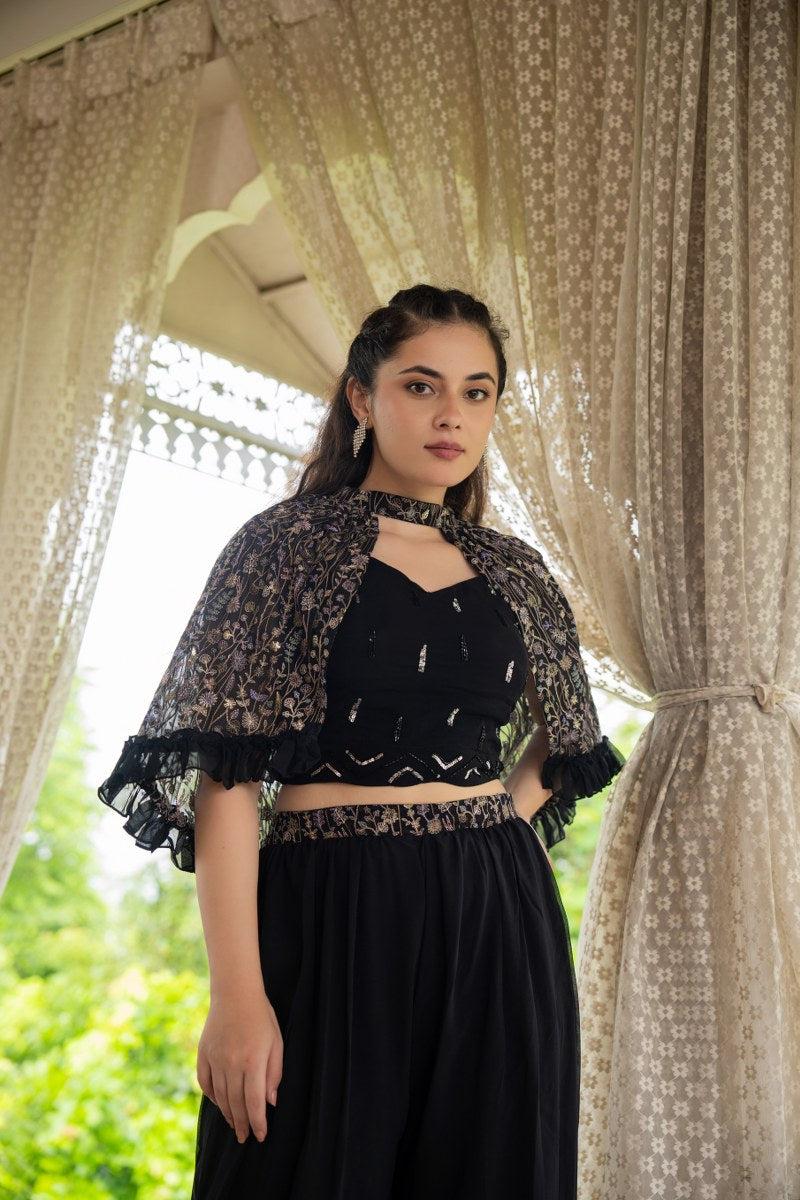 Black Kaftan Style Embellished Muslin Co-Ord set