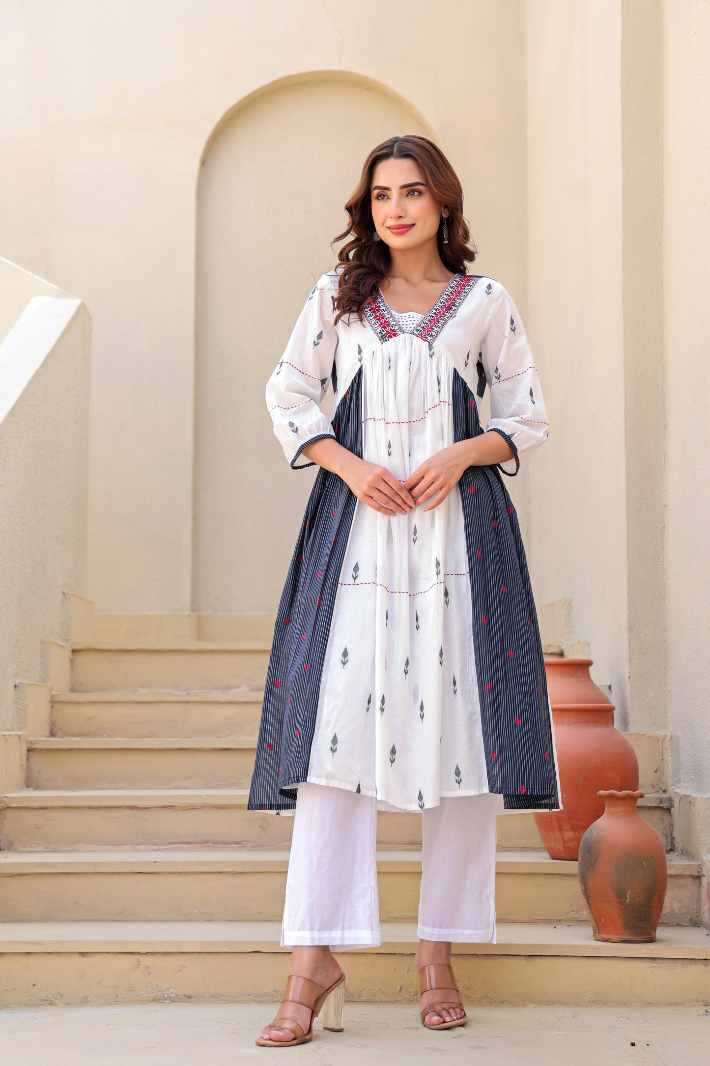 White and indigo A-line kurta pant set for women