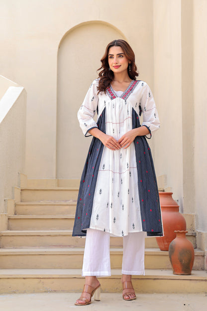White and indigo A-line kurta pant set for women