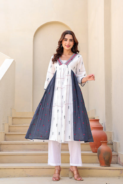 Indigo contrast A-line kurta with white pants
