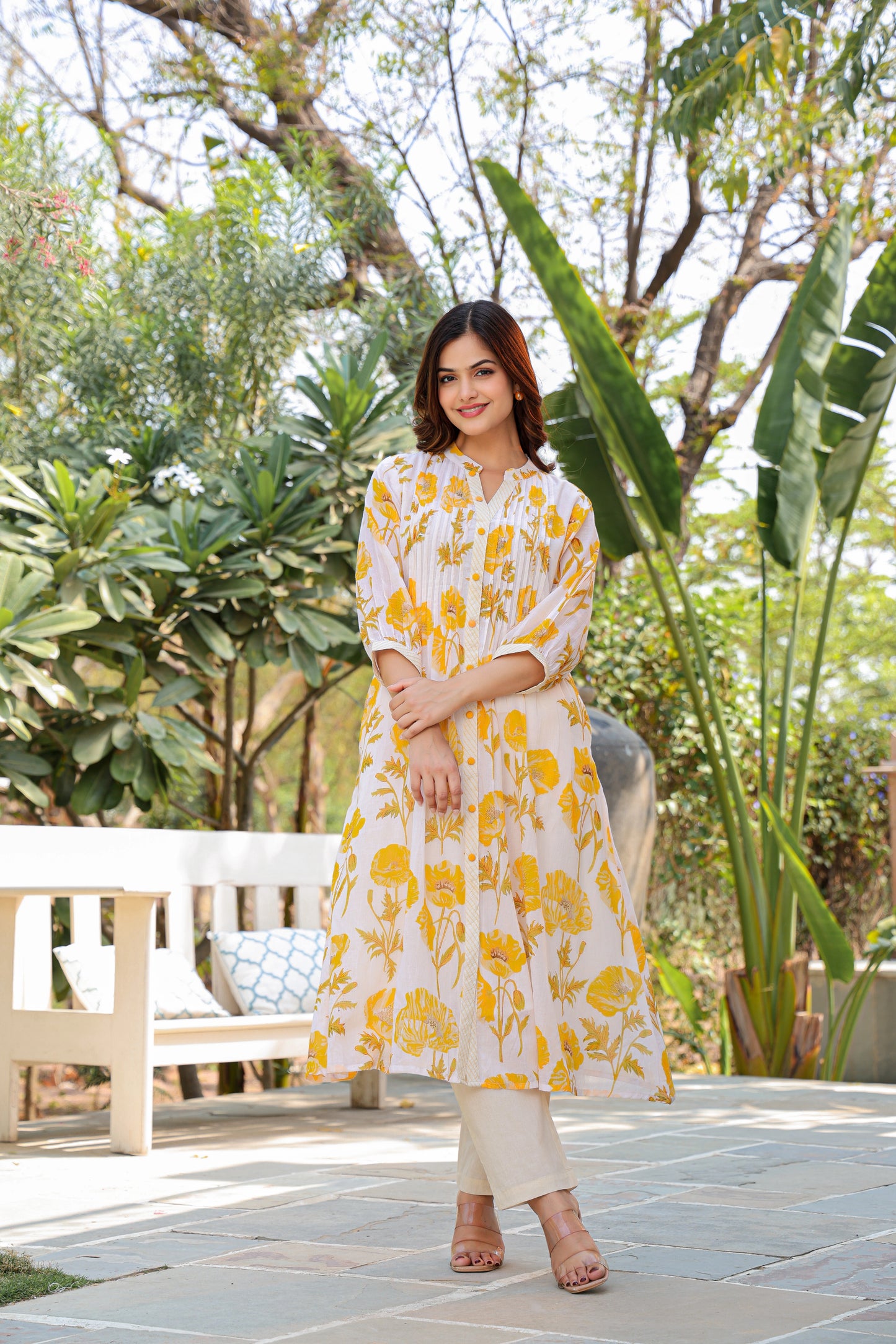 White and Yellow Floral Cotton Co‑ord Set | Women’s Ethnic Wear