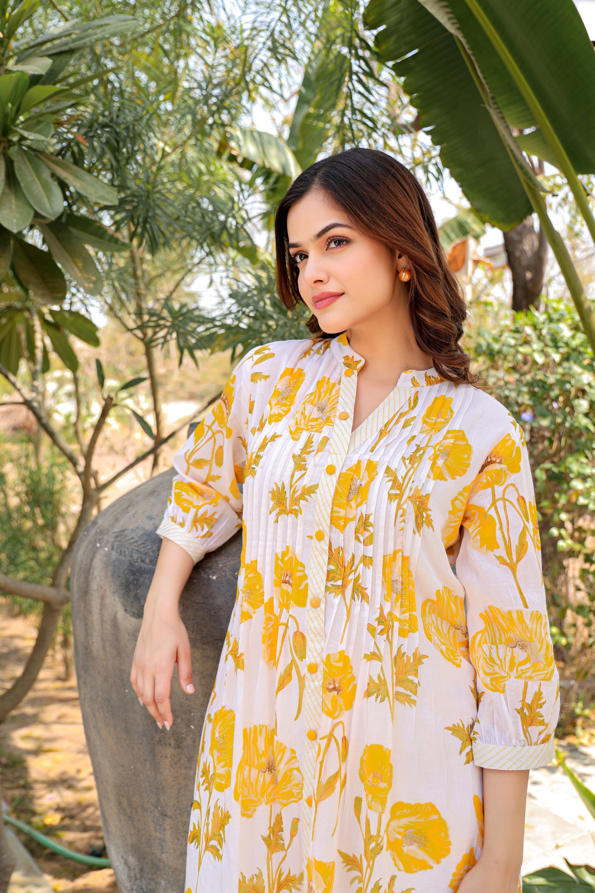 White Yellow Floral Cotton Co‑ord Set – Casual & Festive Outfit