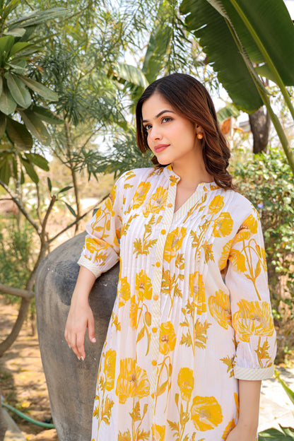 White Yellow Floral Cotton Co‑ord Set – Casual & Festive Outfit