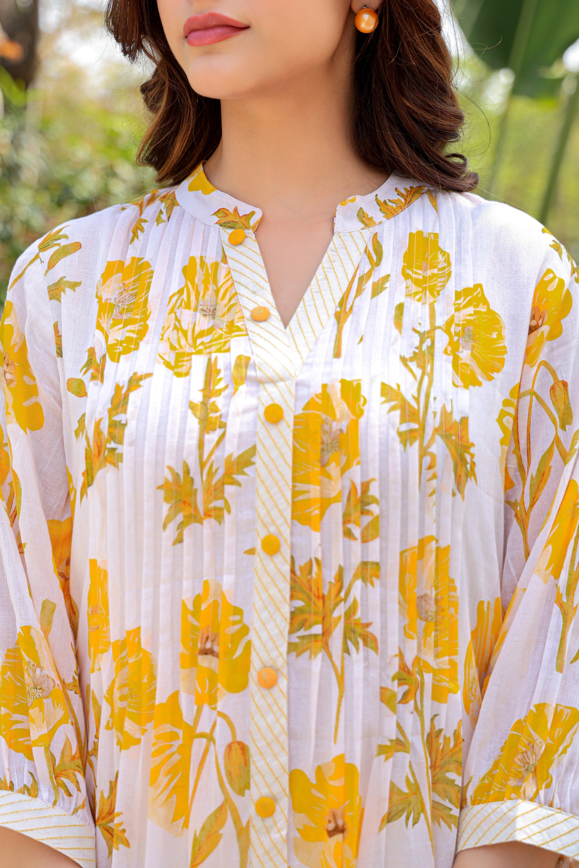 White yellow floral cotton co-ord outfit full look