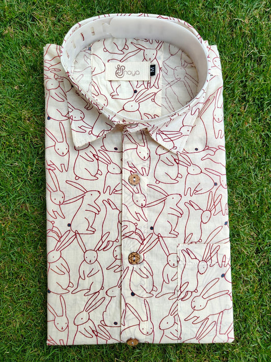White Bunny Print Cotton Regular Fit Casual Shirt (Half Sleeves)