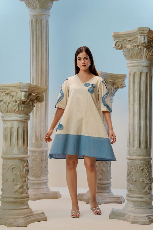 White cotton crochet flower short dress for women