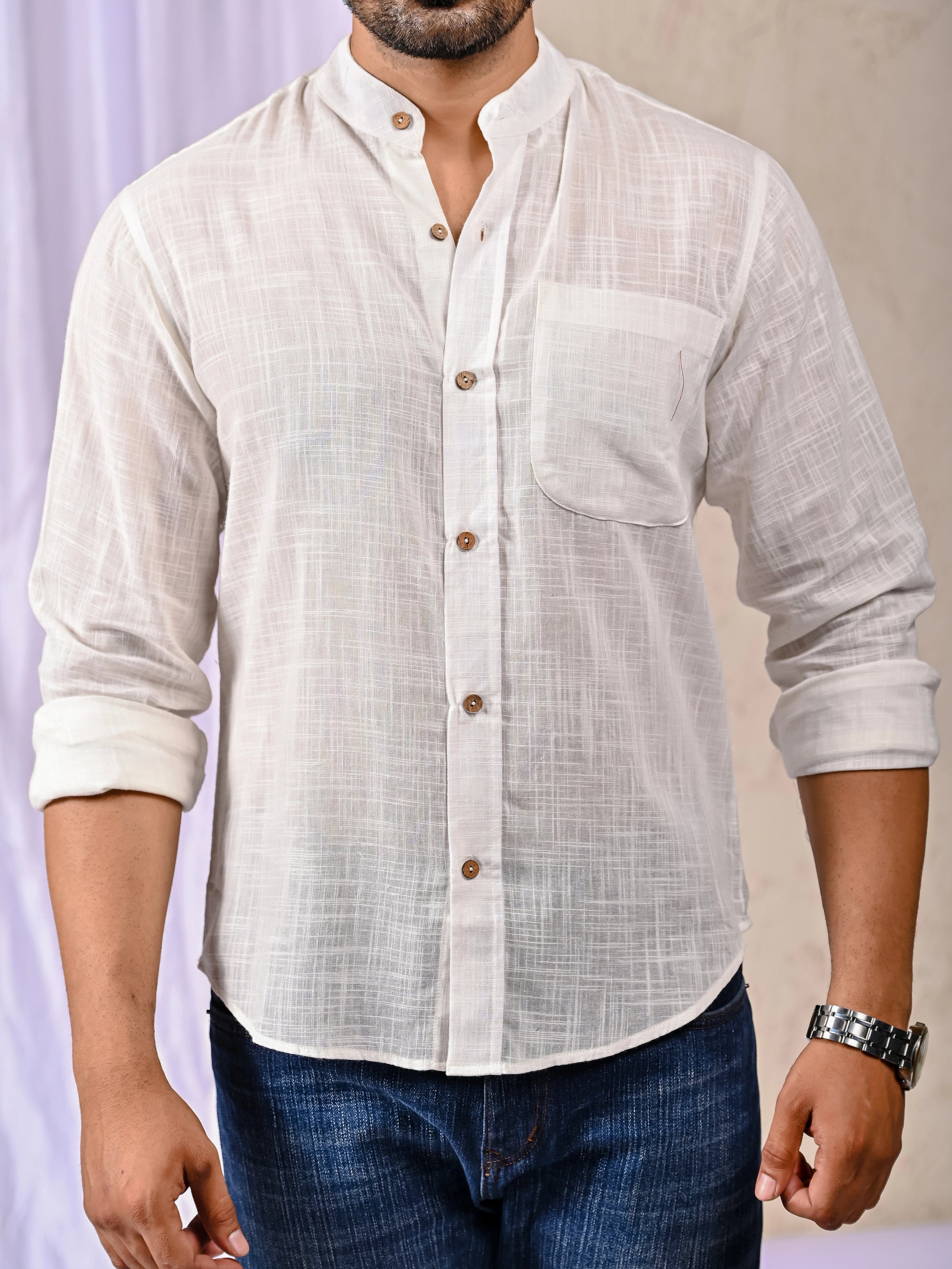 Men’s White Cotton Linen Office Wear Shirt Front View