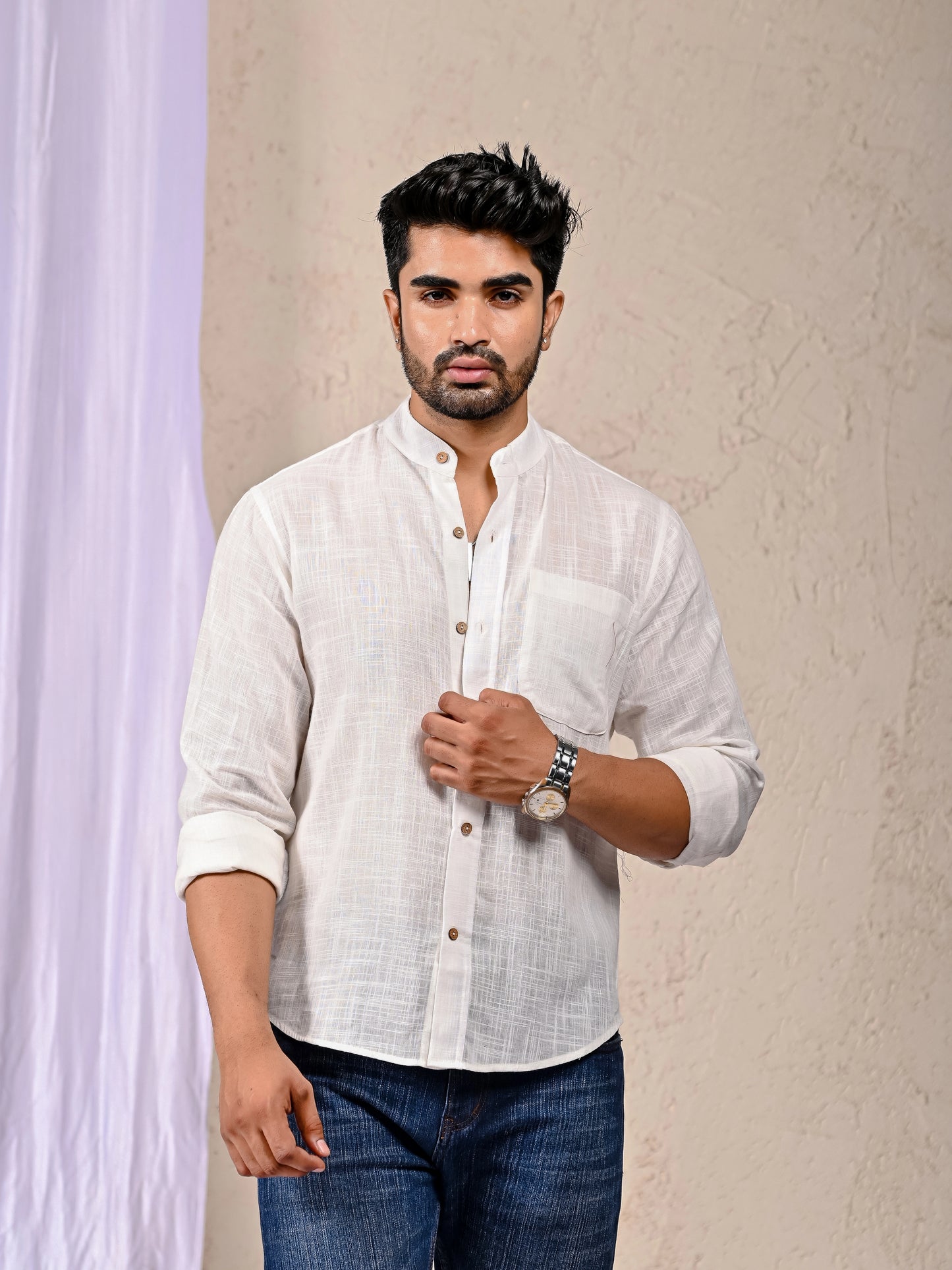 Premium White Cotton Linen Shirt Fabric Close-Up