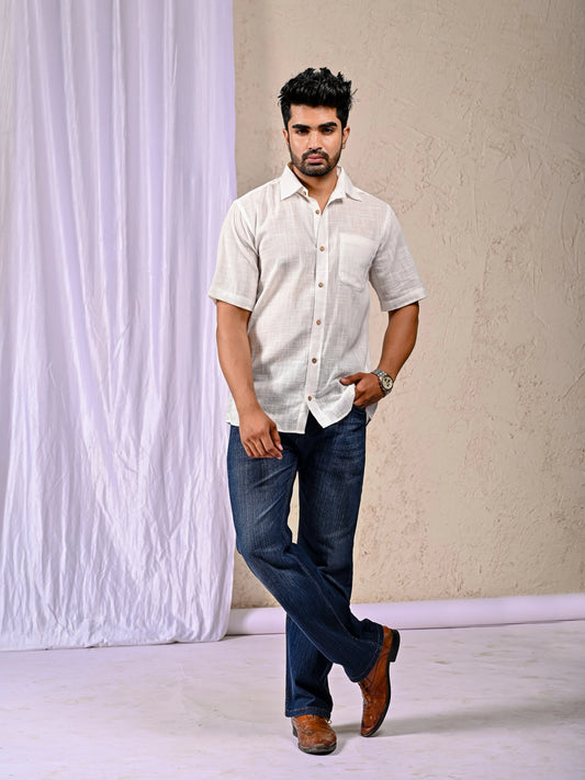 Men’s White Cotton Linen Regular Fit Half Sleeve Shirt – Shreenaya