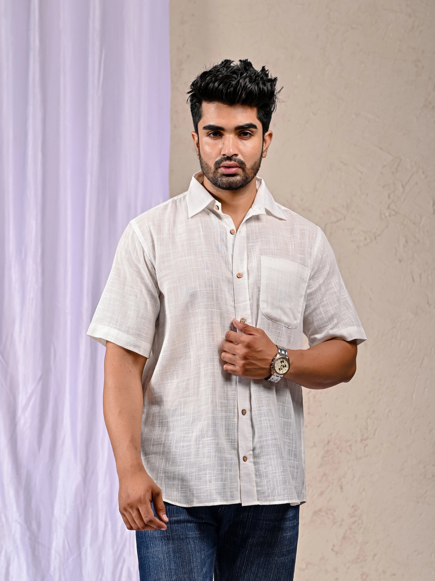 White Cotton Linen Regular Fit Casual Shirt (Half Sleeves)