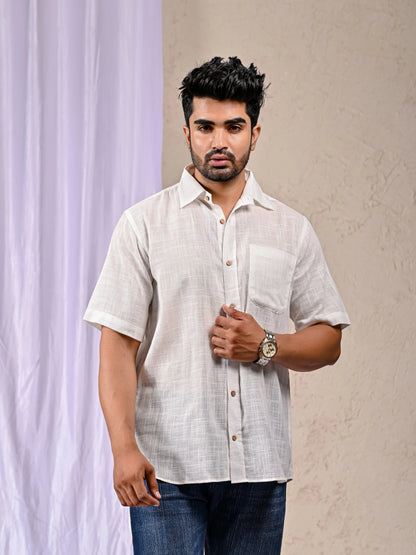 White Cotton Linen Regular Fit Casual Shirt (Half Sleeves)