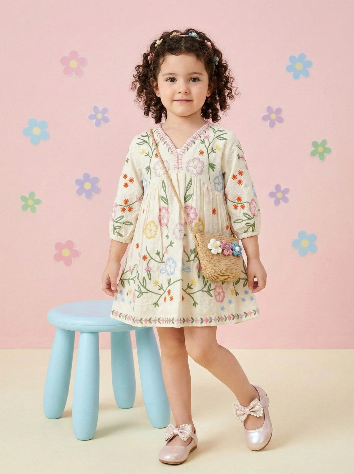 Girls white cotton multicolour embroidered frock