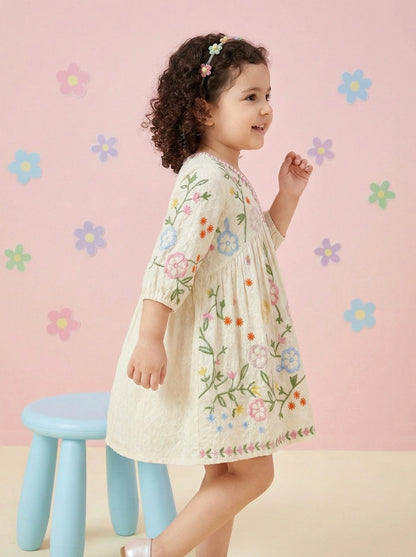 Girls White Cotton Multicoloured Embroidered Frock