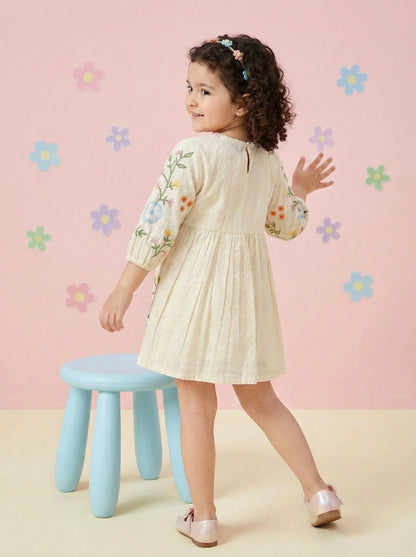 Girls White Cotton Multicoloured Embroidered Frock