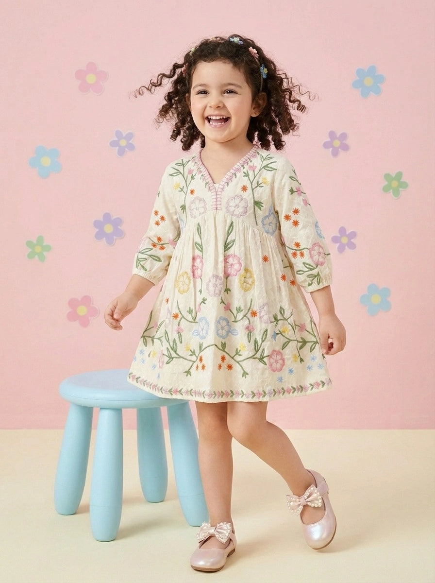 Girls White Cotton Multicoloured Embroidered Frock