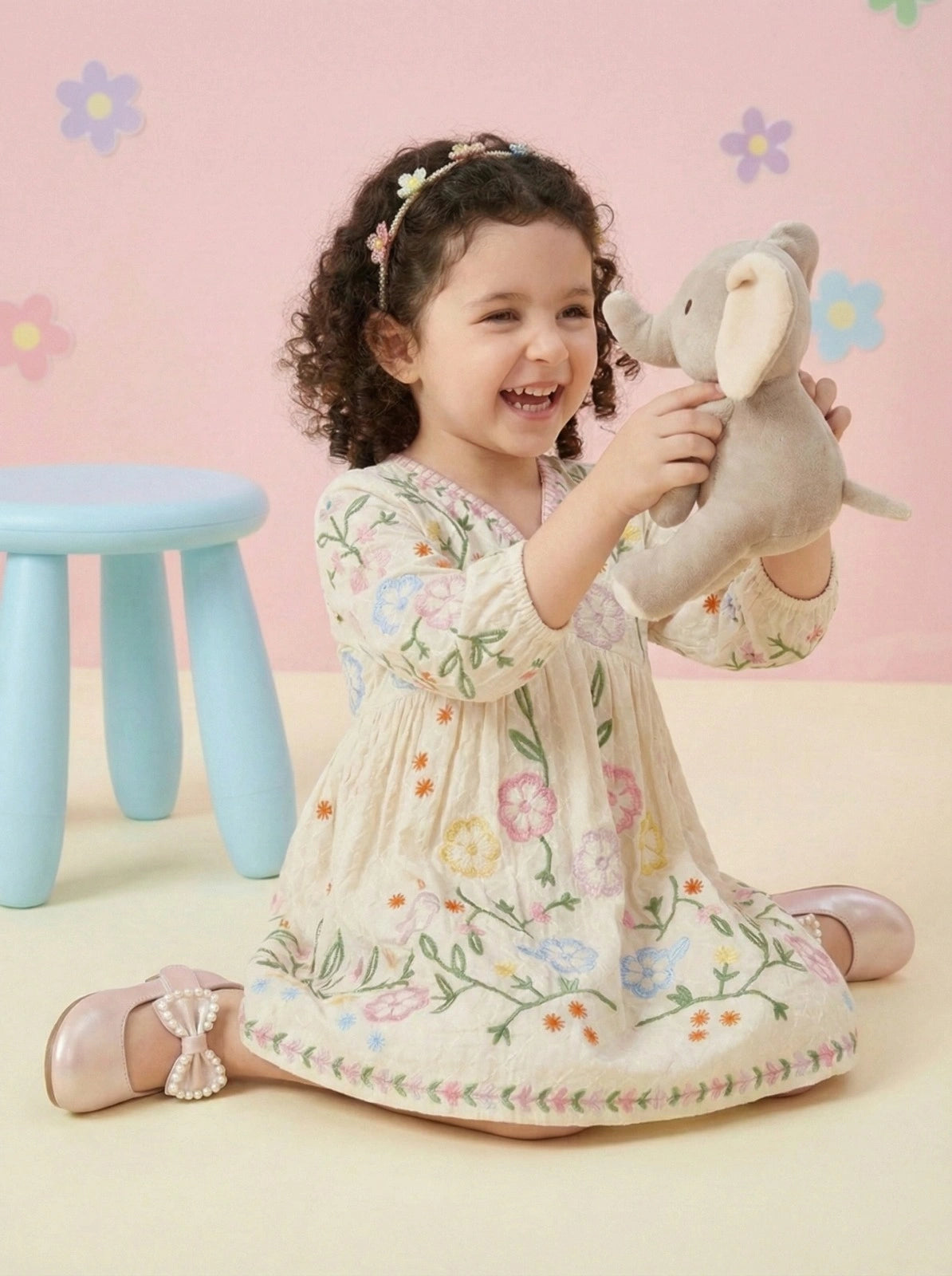 Girls White Cotton Multicoloured Embroidered Frock