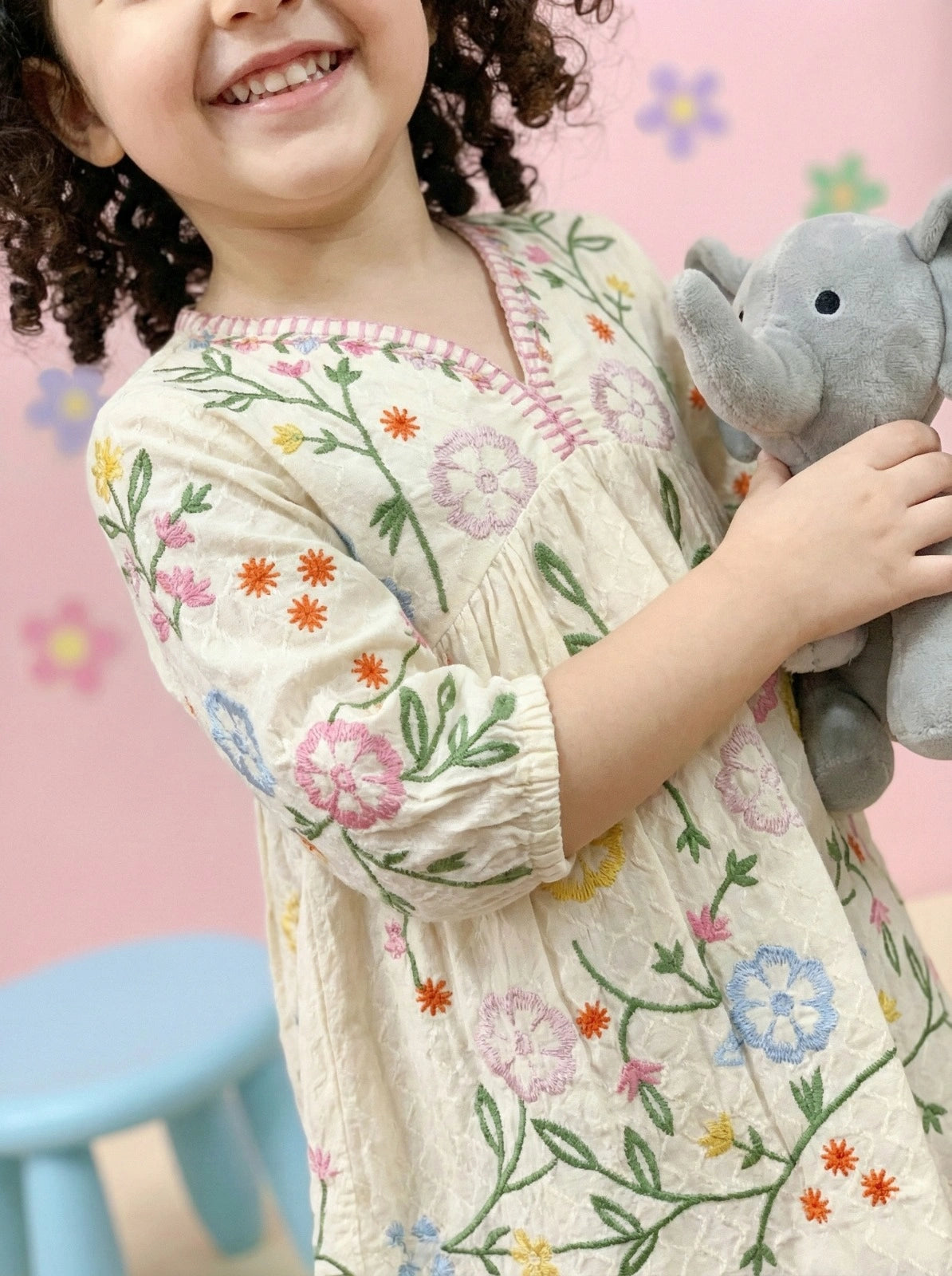 Girls White Cotton Multicoloured Embroidered Frock