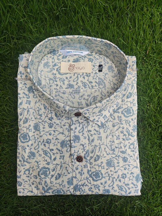 White Floral Print Cotton Regular Shirt (Half Sleeves)