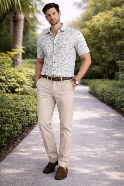 White floral half sleeve cotton shirt for men