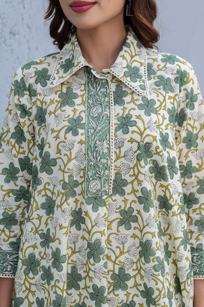 White & green floral cotton co-ord set women’s fashion style