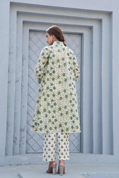 Buy White Green Floral Cotton A‑Line Kurta Pant Co‑ord Set Online