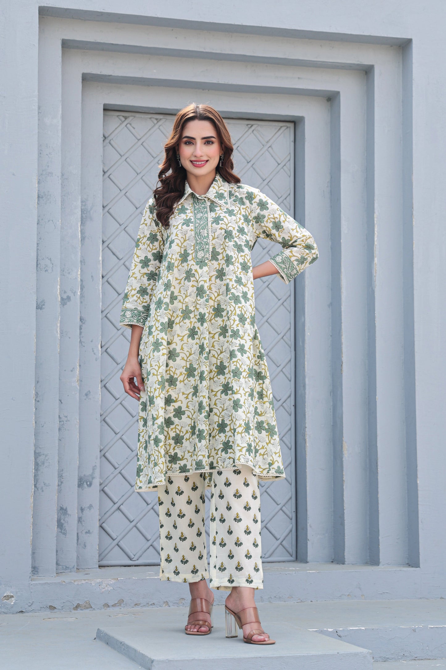 White and Green Floral Cotton Kurta Pant Set – Casual & Festive Outfit