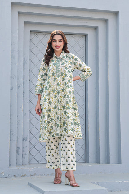 White and Green Floral Cotton Kurta Pant Set – Casual & Festive Outfit