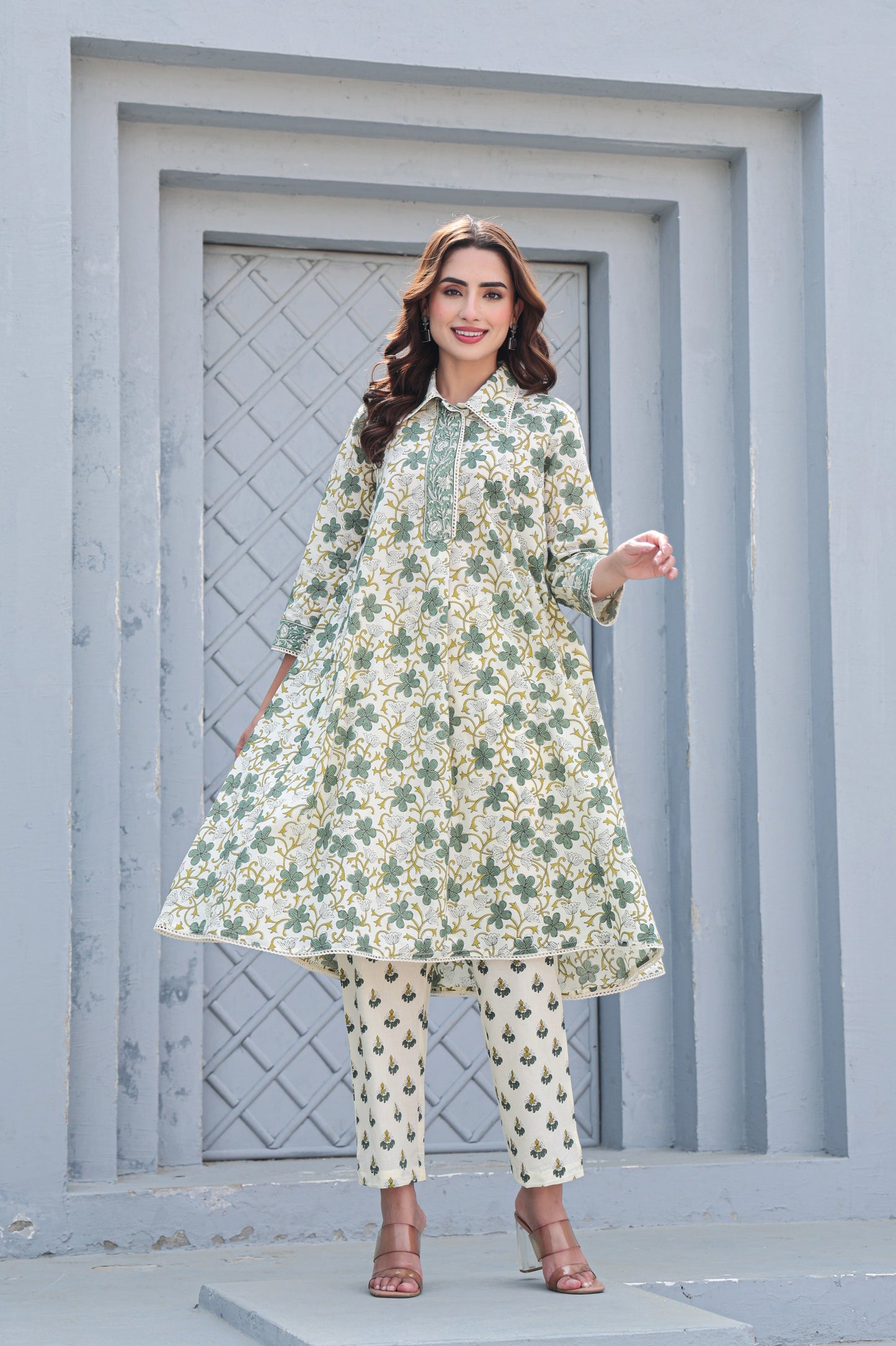 White and green floral cotton co-ord set A-line kurta pant