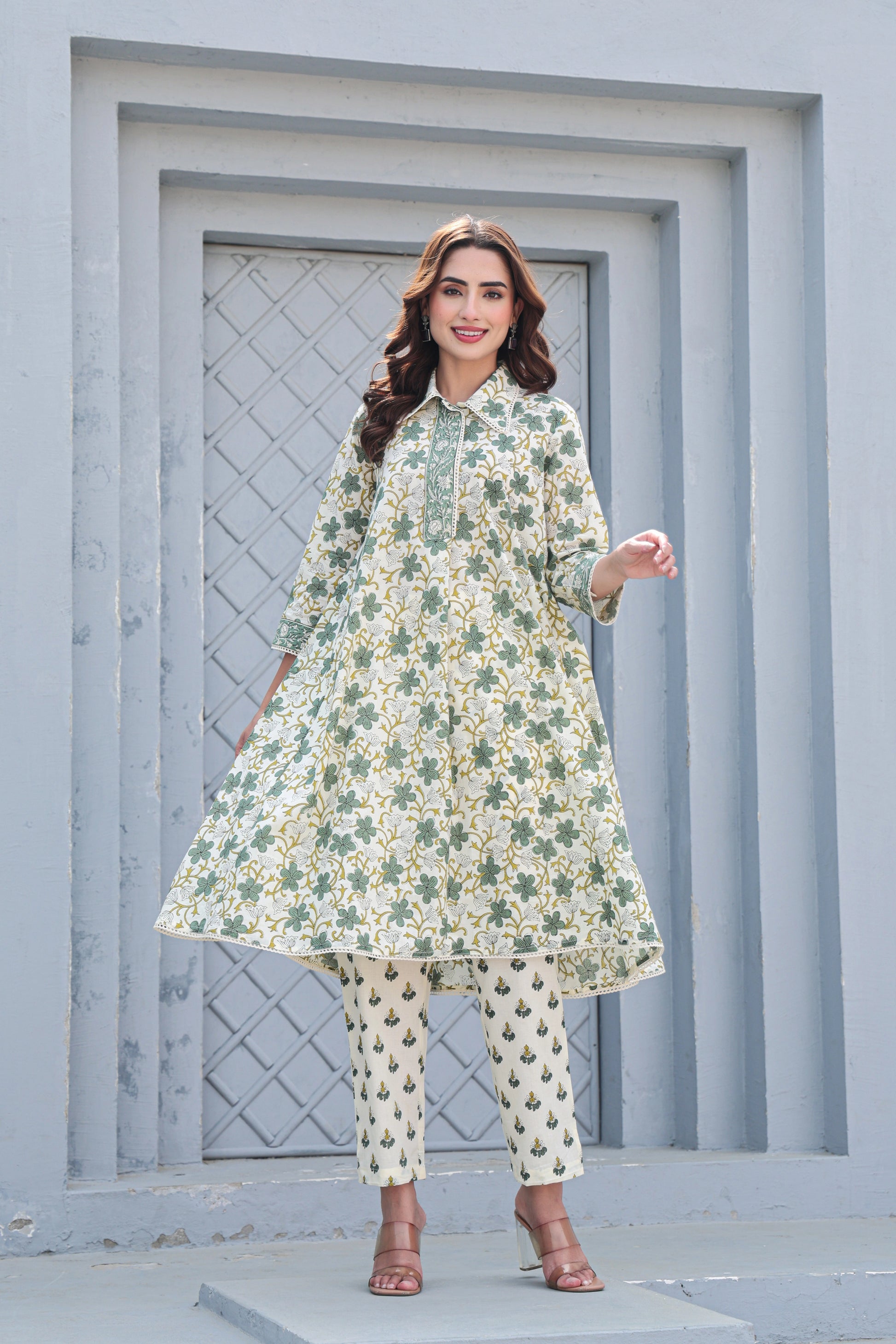 White and green floral cotton co-ord set A-line kurta pant