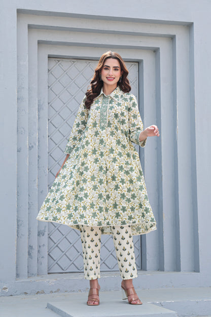 White and green floral cotton co-ord set A-line kurta pant