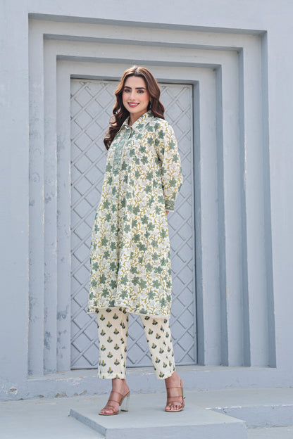 White and green floral cotton co-ord set A-line kurta pant | Shreenaya