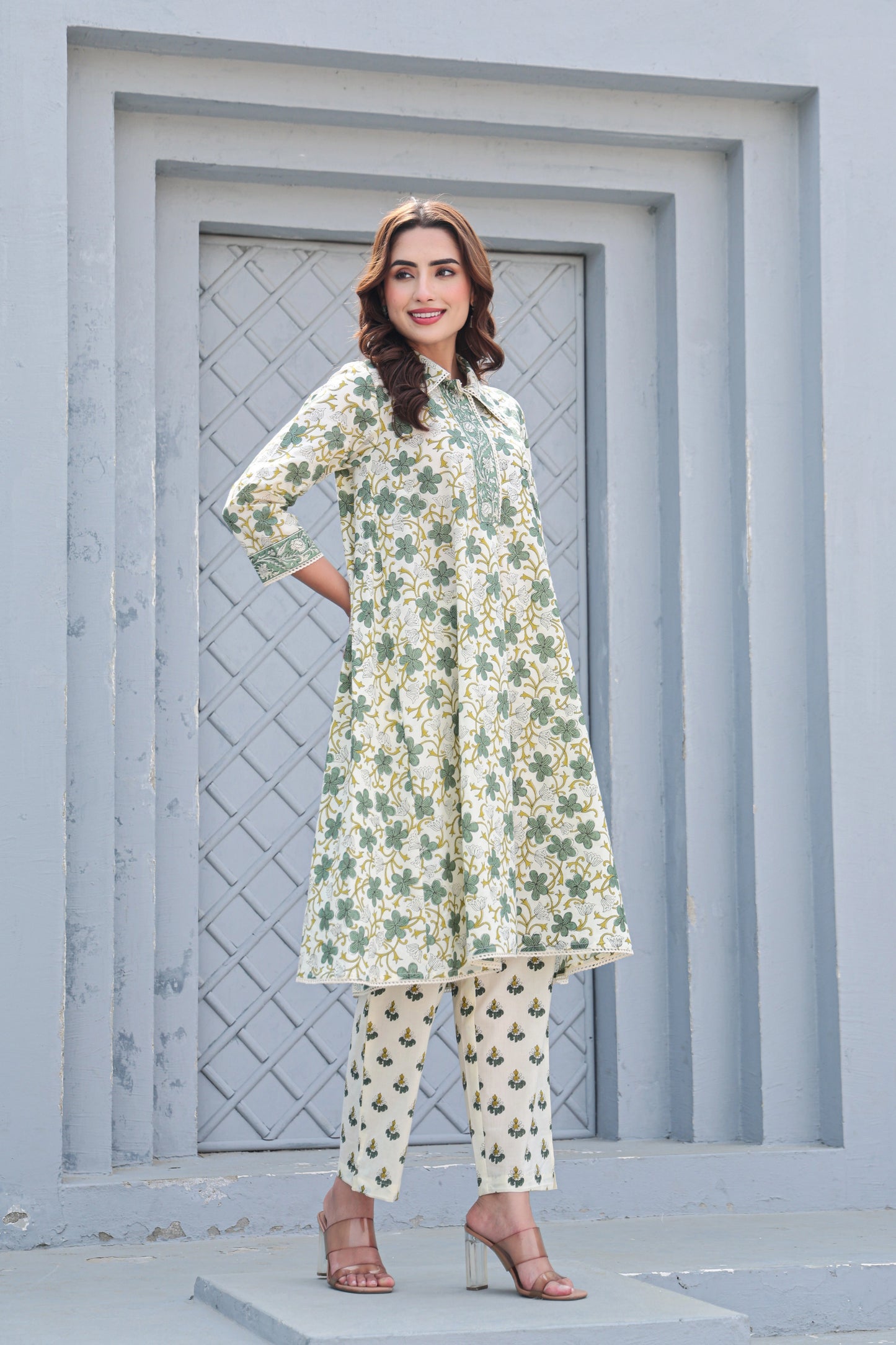 White green floral cotton kurta pant outfit full look
