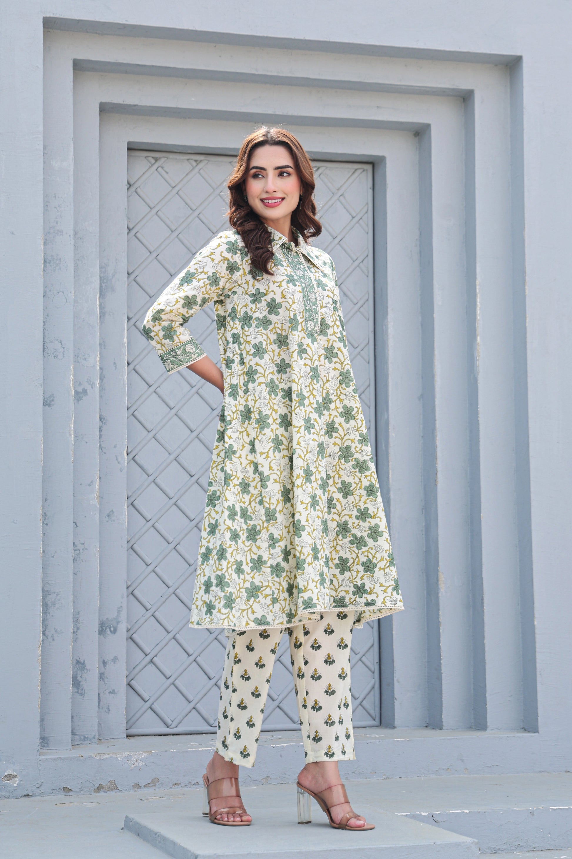 White green floral cotton kurta pant outfit full look