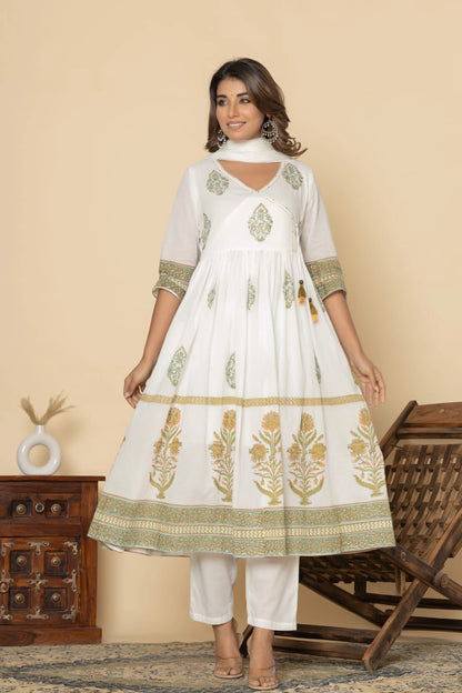 White Printed Anarkali Kurta Set for Women – Shreenaya