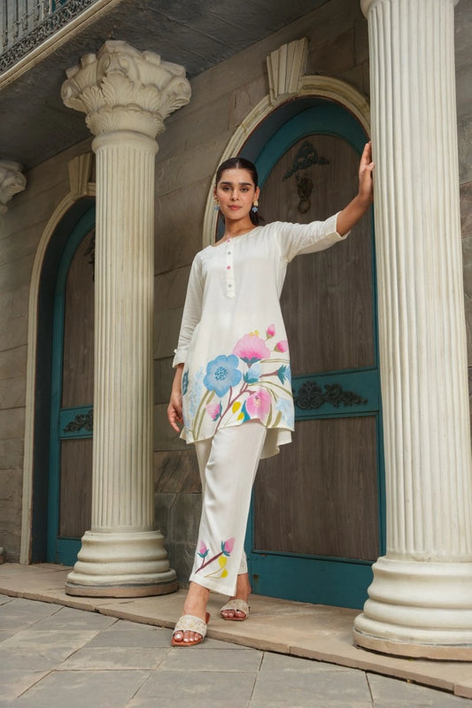 White malmal hand painted co-ord set for women