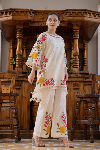 Multicolour embroidered top and bottom set