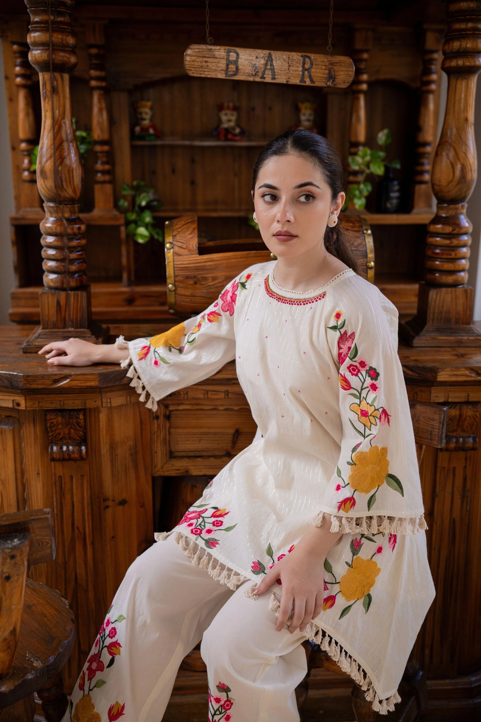 Ethnic chic white co-ord set women
