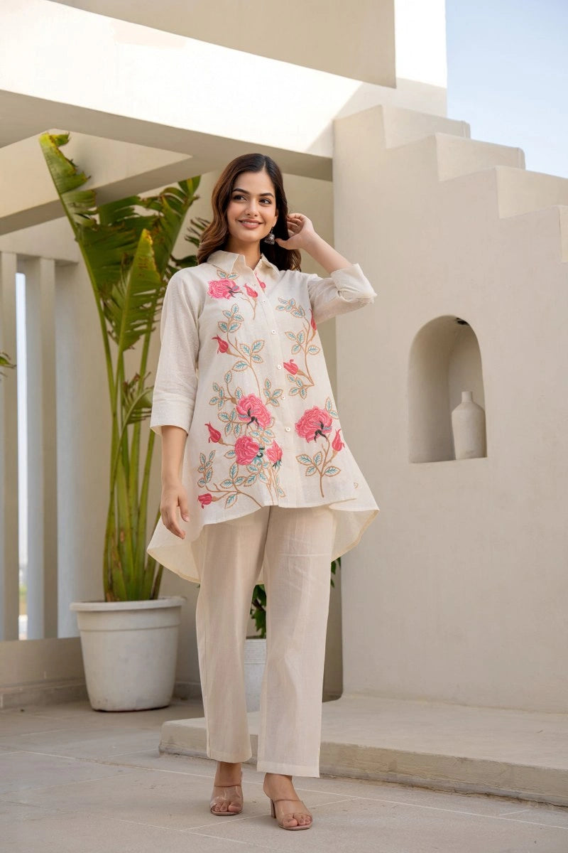 White pink rose cotton embroidered co-ord set for women
