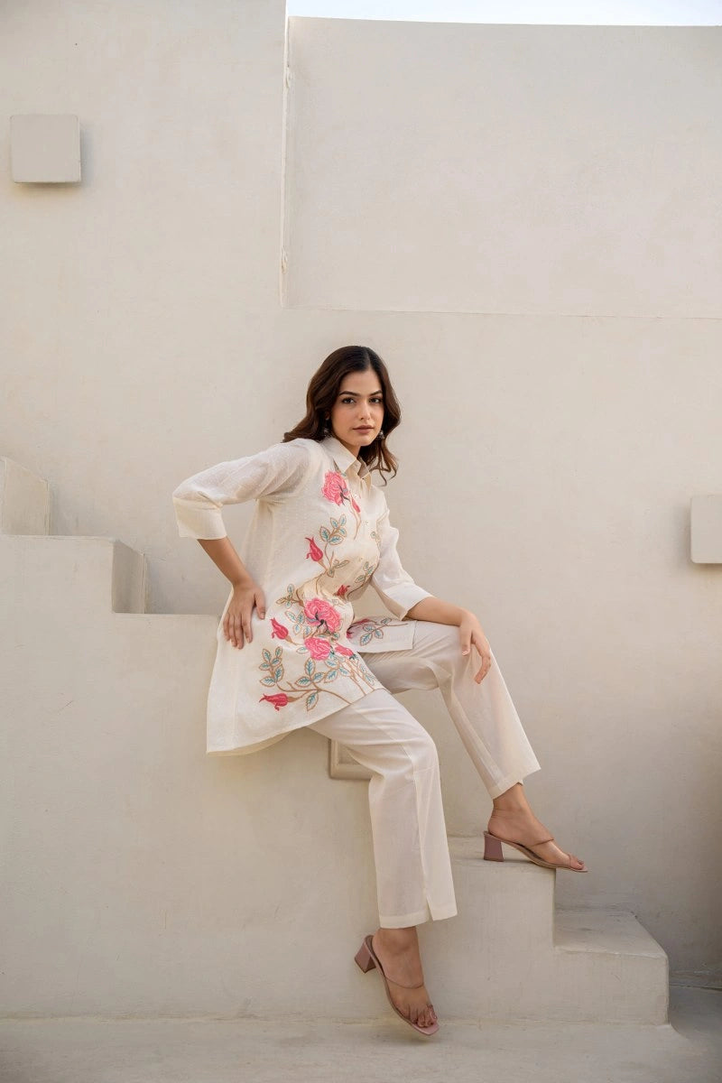White pink rose cotton ethnic co-ord set