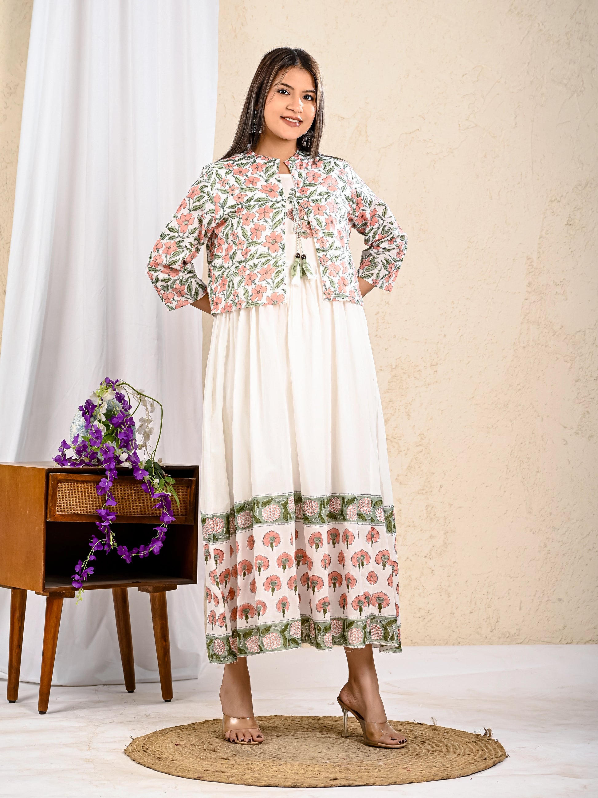 Buy White Printed Anarkali Jacket Style Kurta Set