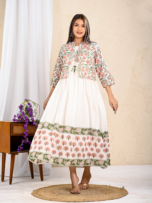 White Printed Anarkali Kurta Set with Jacket – Shreenaya