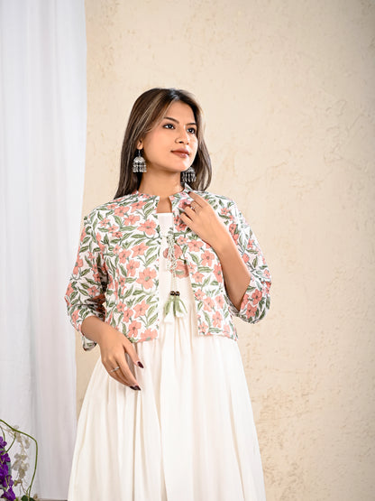White Printed Anarkali with Printed Jacket | Shreenaya