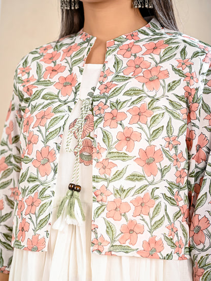 White Printed Anarkali Kurta Set with Printed Jacket for Women – Shreenaya